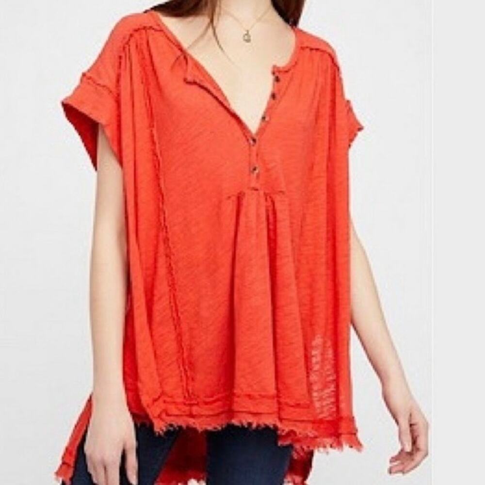 FREE PEOPLE | Aster High-Low Henley Orange Raw Edge Button Oversized | Small